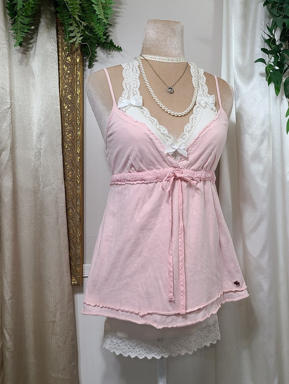 Rare Vintage Abercrombie And Fitch ♡ Y2K ♡ Baby Pink Babydoll Waist Tie Tank Top - Picture 4 of 8